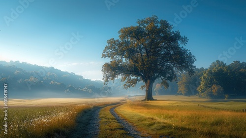 Majestic Tree in Serene Misty Landscape at Dawn