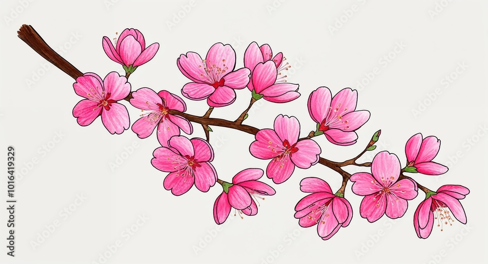 Obraz premium Hand drawing clipart of a pink cherry blossom branch on plain white background