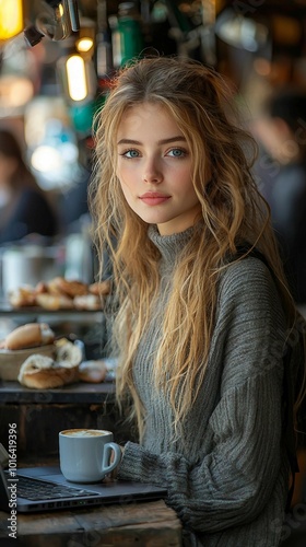 Young Woman with Blonde Hair Sitting at a Table with a Laptop and a Cup of Coffee