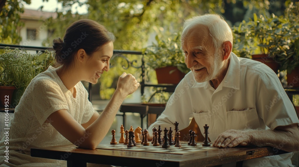 A young woman and an elderly man enjoy a chess game on a sunny balcony surrounded by plants. A young woman and an elderly man enjoy a chess game on a sunny balcony surrounded by plants.
