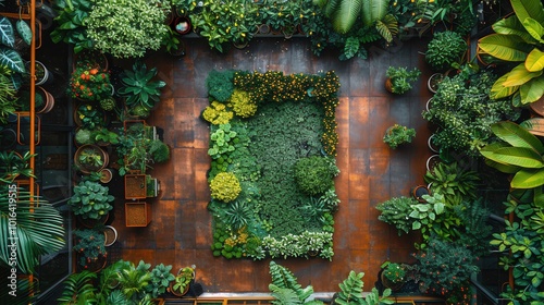 Lush Indoor Garden with Green Plants and Flowers