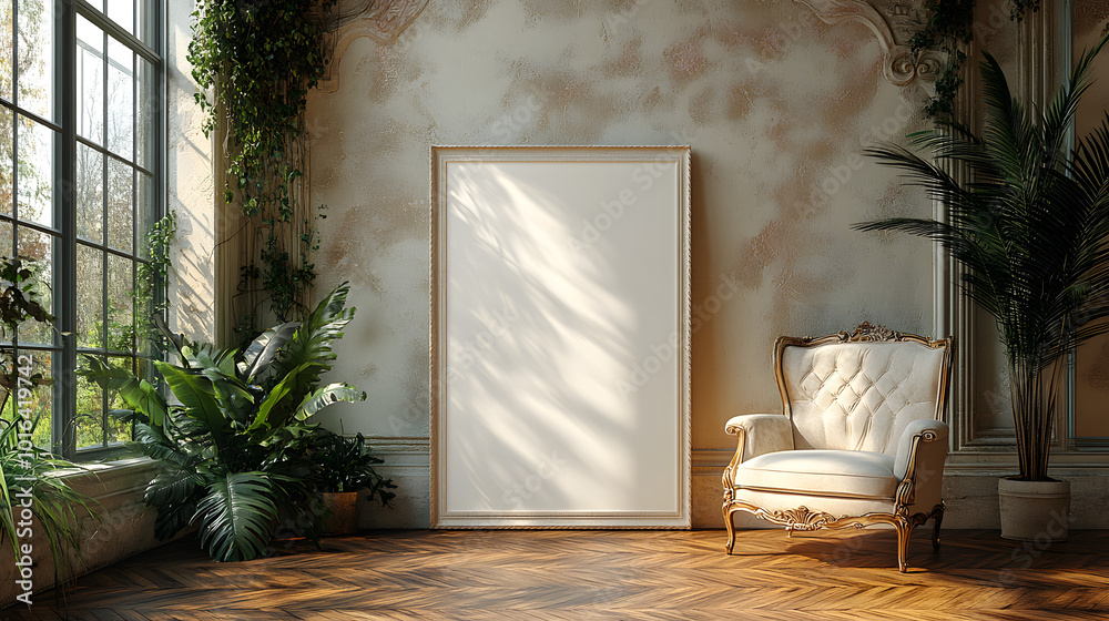 A large blank white poster frame leaning against the wall, providing an ideal canvas for creativity and artistic expression. This minimalist composition emphasizes simplicity and versatility, making i A large blank white poster frame leaning against the wall, providing an ideal canvas for creativity and artistic expression. This minimalist composition emphasizes simplicity and versatility, making i