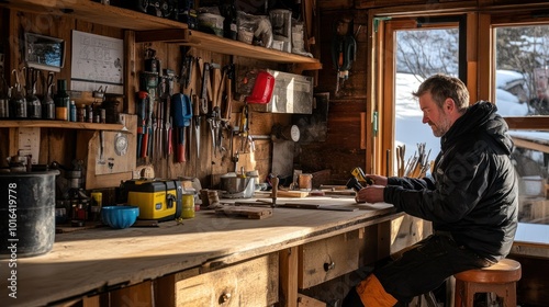 A man working in a cozy workshop filled with tools and wooden surfaces.