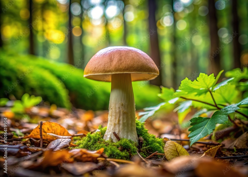 A solitary beige mushroom with leaf litter on its cap blends seamlessly into the forest floor, surrounded by vibrant green foliage in a serene woodland scene. A solitary beige mushroom with leaf litter on its cap blends seamlessly into the forest floor, surrounded by vibrant green foliage in a serene woodland scene.