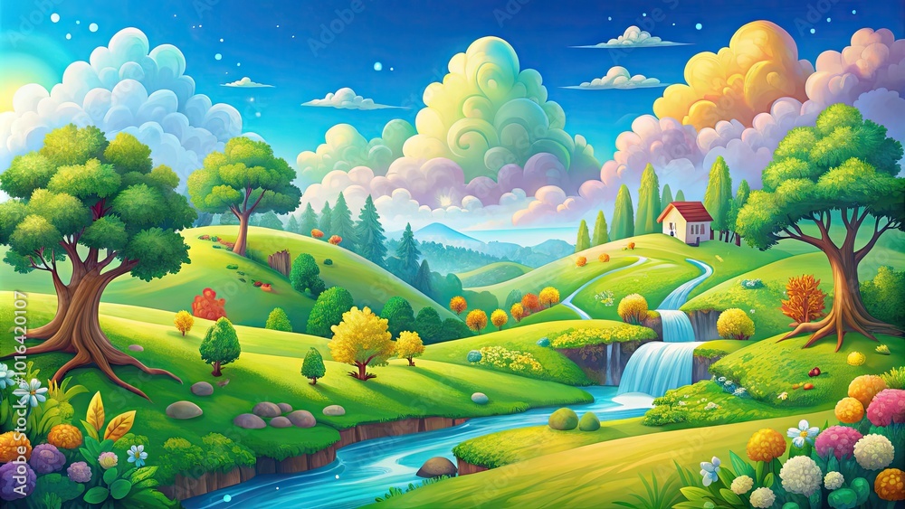 Fototapeta premium Vibrant, whimsical illustration of a serene countryside with fluffy clouds, rolling hills, sparkling waterfalls, and towering trees, perfect for children's educational or entertainment projects.