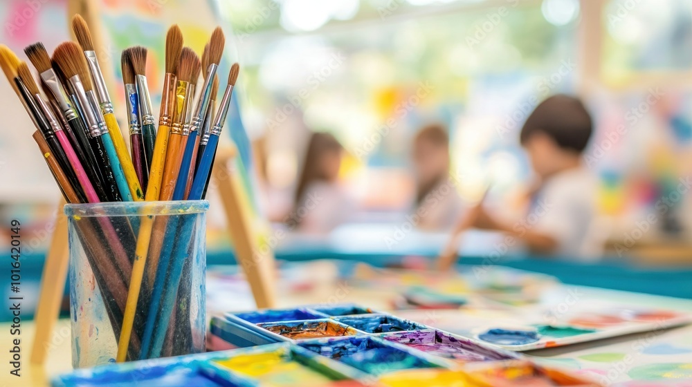A vibrant art studio scene with brushes and paint palettes, showcasing creativity and learning. A vibrant art studio scene with brushes and paint palettes, showcasing creativity and learning.