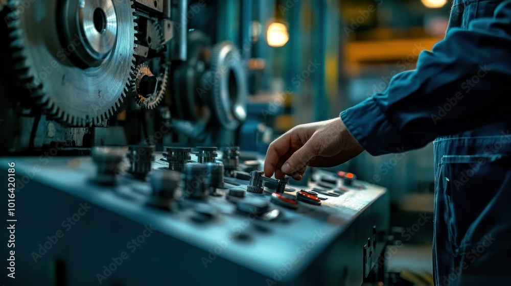 Naklejka premium A worker adjusting controls on industrial machinery in a factory setting.