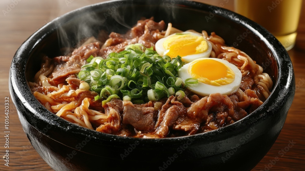 Steaming hot noodles in a traditional clay bowl, topped with fresh green onions, egg slices, and thin meat cuts Steaming hot noodles in a traditional clay bowl, topped with fresh green onions, egg slices, and thin meat cuts