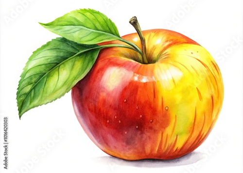 Vibrant Yellow and Red Watercolor Apple with Leaf on White Background for Fresh Produce and Healthy Eating Ideas