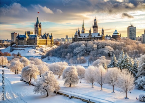 Ottawa transforms into a winter wonderland, with snow-covered trees draping the urban landscape in white, creating picturesque views and a serene, magical atmosphere.
