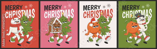 Christmas greetings cards with trendy groovy characters. Christmas tree, snowman, gingerbread house, tangerine. Retro cartoon posters.