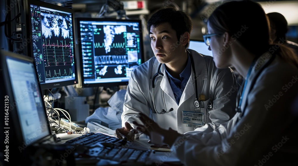 Two medical professionals analyze patient data on multiple screens in a clinical setting.