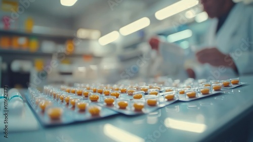 Wallpaper Mural A pharmacy scene with organized medication packs and a pharmacist preparing prescriptions. Torontodigital.ca