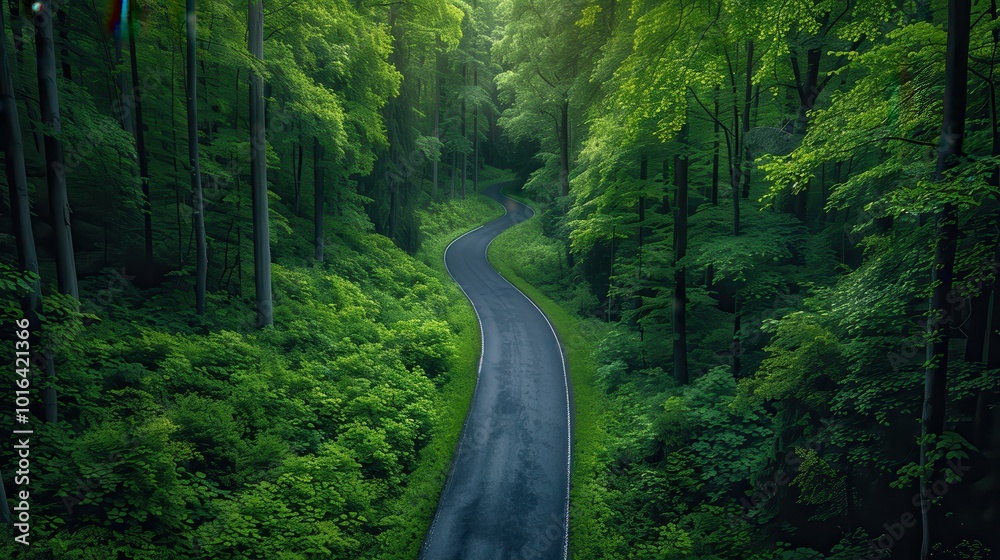 Fototapeta premium Serene Curved Road Through Lush Green Forest