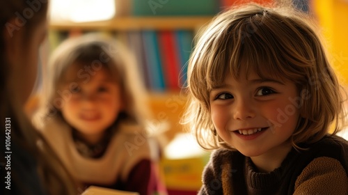 Two children smiling in a playful indoor setting, engaging with each other.