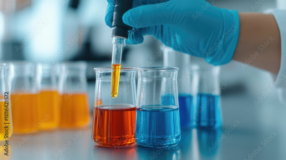 Technician Performing a Chemical Analysis Test for Product Validation and Control in a Scientific Laboratory Setting Blurred Glassware and Equipment with Deep Depth of Field Technician Performing a Chemical Analysis Test for Product Validation and Control in a Scientific Laboratory Setting Blurred Glassware and Equipment with Deep Depth of Field