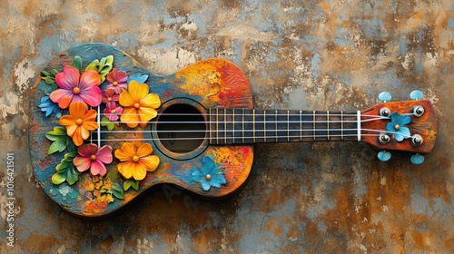 Colorful ukulele with floral decorations, vibrant design