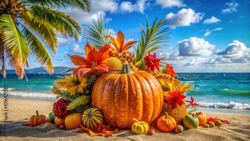 Pumpkins adorned with tropical decorations create a vibrant beach-themed atmosphere, offering a unique twist to your autumn celebration and blending seasonal charm with coastal flair. photo