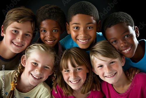 Group of happy children smiling and looking at the camera against black background