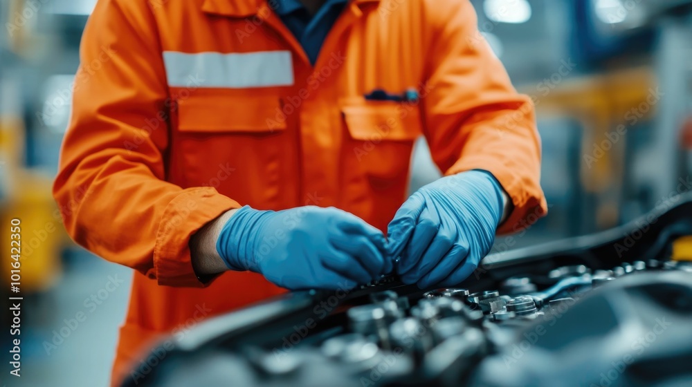 Closeup of worker in protective gear thoroughly inspecting and examining automotive parts at a factory production control and manufacturing inspection process for vehicle components Closeup of worker in protective gear thoroughly inspecting and examining automotive parts at a factory production control and manufacturing inspection process for vehicle components