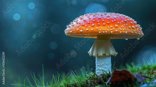 Fly agaric or fly-amanita mushrooms fungi with dark blur background and grass on surface.