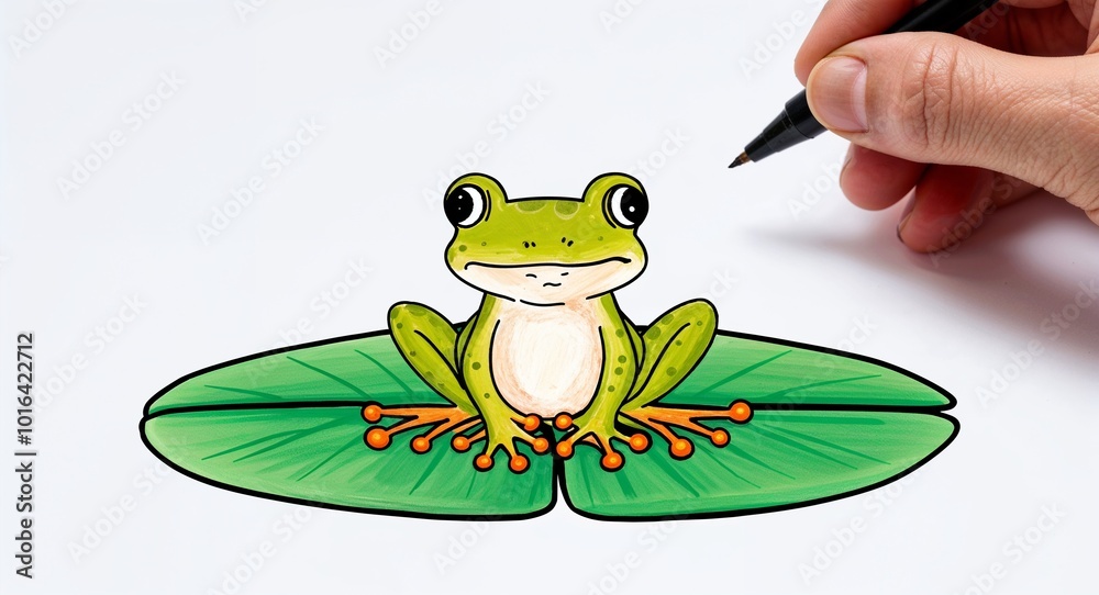 Hand drawing clipart of a tiny frog sitting on a lily pad on plain