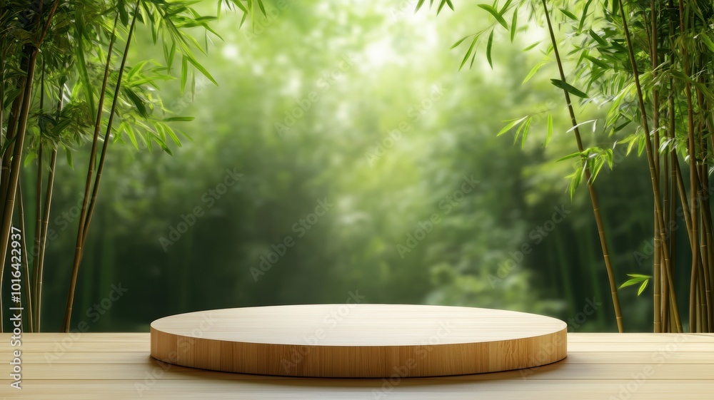 Bamboo forest with circular wooden platform Podium for products. Bamboo forest with circular wooden platform Podium for products.