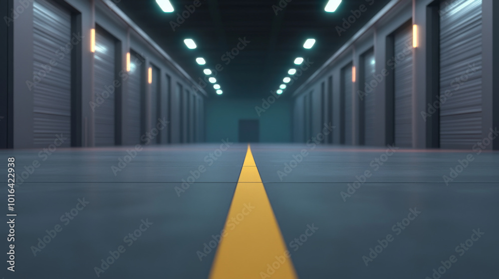 Fototapeta premium Empty storage unit hallway with a yellow line down the middle and overhead lights.