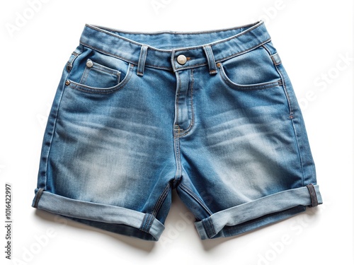 Close-up of a pair of casual denim shorts on a white background, highlighted by a subtle mock-up effect with folds and creases visible. photo