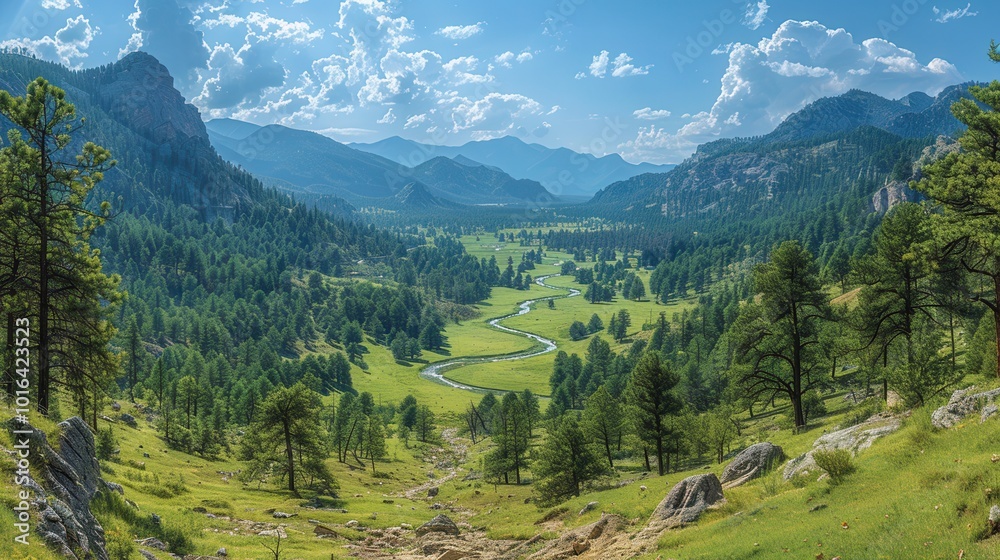 Serene Mountain Valley with River and Lush Greenery Serene Mountain Valley with River and Lush Greenery