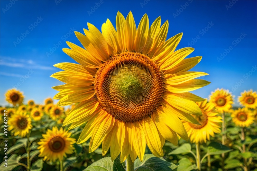 Close-up of sunflowers in field with blue sky background Close-up of sunflowers in field with blue sky background