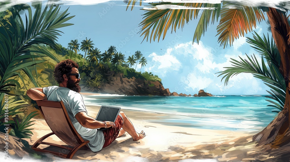 cartoon drawing of a man lying on a sunbed at the beach in bali. he is ...