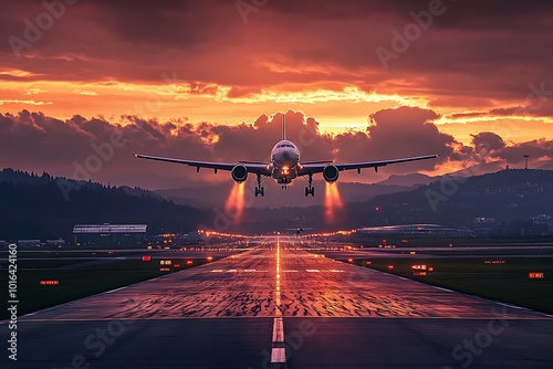 A plane taking off from an airport with beautiful landscape in sunset