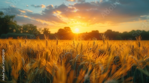Golden Wheat Field at Sunset with Dramatic Sky