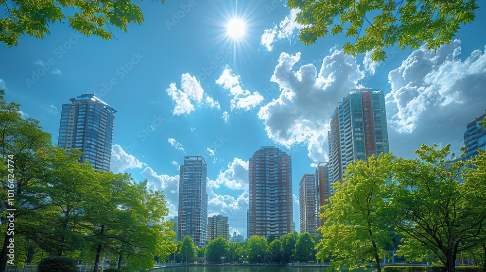 Fototapeta premium City skyline under bright sunny sky with clouds