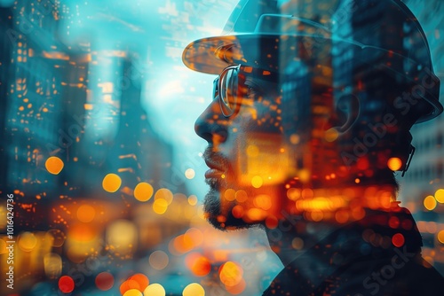 construction engineer face silhouette and planning job, double exposure