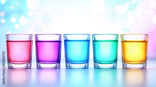 Five colorful shot glasses filled with various liquids, arranged in a row against a blurred background.