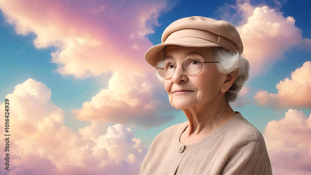 Happy old female went to heaven on sky background Happy old female went to heaven on sky background