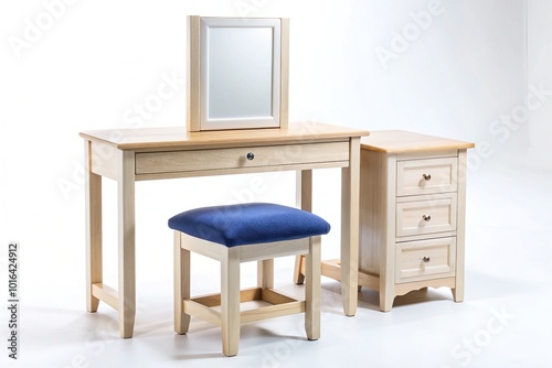 Elegant white oak furniture set featuring a dressing table, cobalt blue stool, and bedside table, beautifully arranged on a crisp white background, exuding modern sophistication.