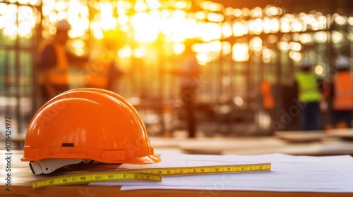 Construction site with an orange helmet, plans, and workers in the background during sunset. photo