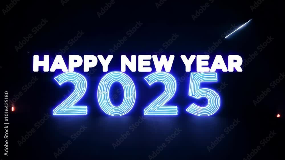 Happy New Year 2025: Neon Blue Greeting With Light Trails for Celebrations and Events Happy New Year 2025: Neon Blue Greeting With Light Trails for Celebrations and Events