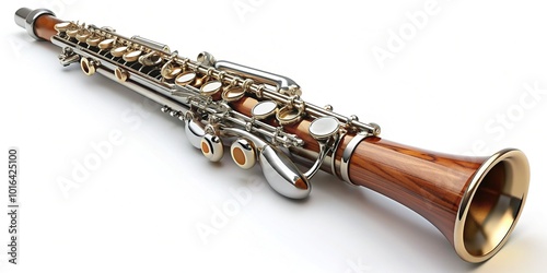 Elegant woodwind instrument with metal or wooden body, finger holes, and keys, producing melodious tones through air flow across its mouthpiece, evoking harmony and creativity. photo