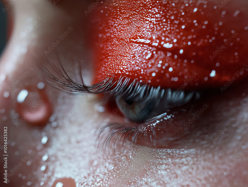 Fototapeta premium Artistic close-up of a closed eye with red eyeshadow and water droplets, showcasing beauty, creativity, and makeup artistry