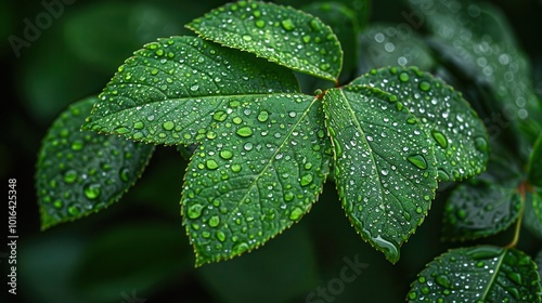 Fresh Green Leaves with Water Drops on Surface