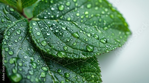 Fresh Green Leaves with Water Drops Close-Up View