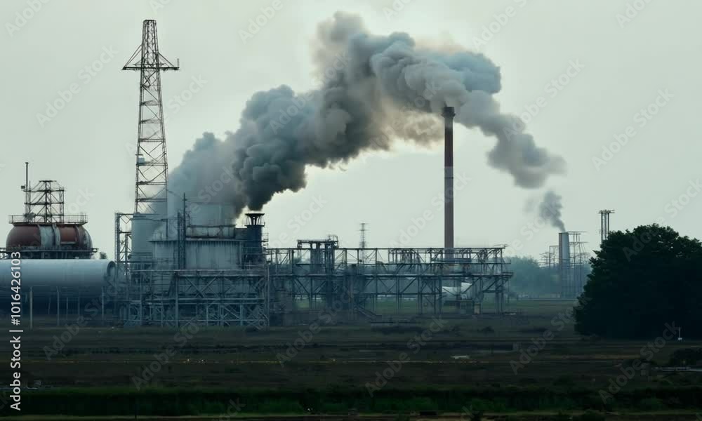  A view of an industrial plant with a large chimney emitting smoke into the sky.