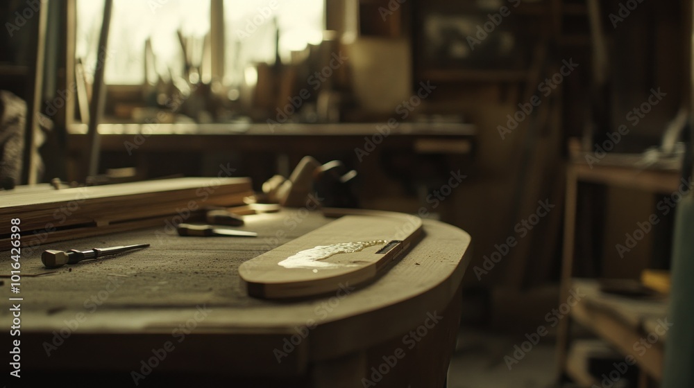 A woodworking shop with tools and materials on a workbench, emphasizing craftsmanship.