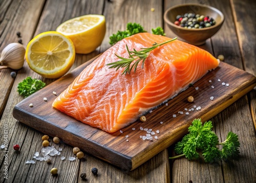 Freshly caught salmon fillet lies on a rustic wooden cutting board, skin glistening with dew, waiting to be prepared for a culinary masterpiece. photo