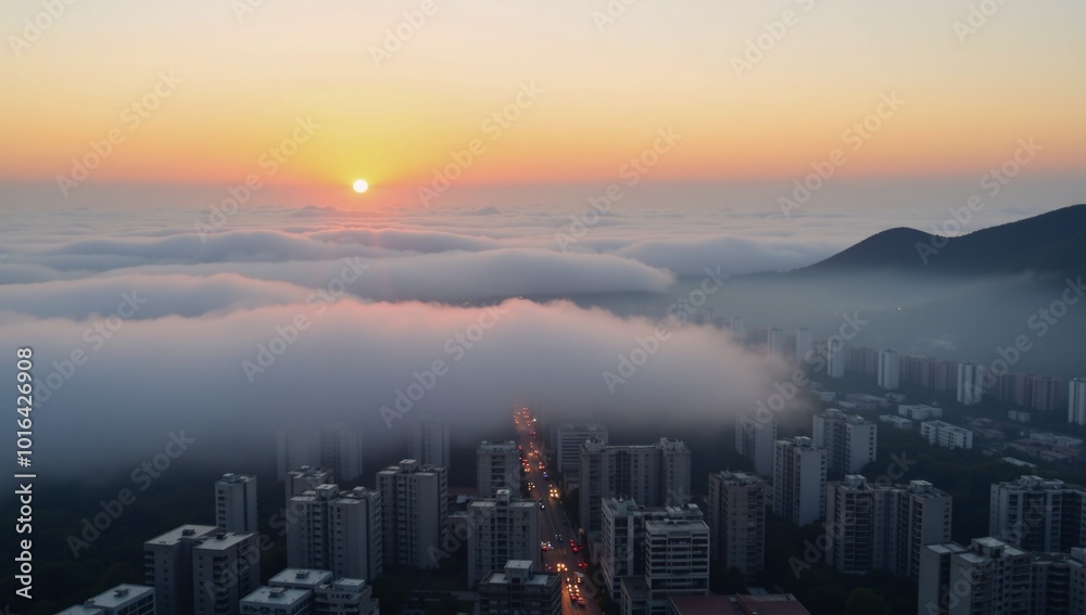 Morning fog illuminates an etherial city at dawn Morning fog illuminates an etherial city at dawn