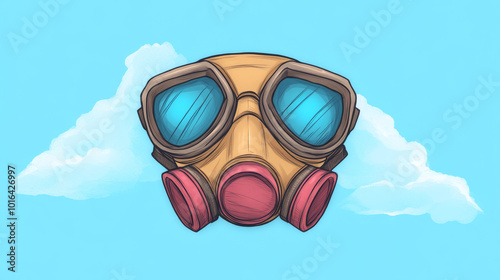 A cartoon illustration of a gas mask in front of a blue sky with clouds.